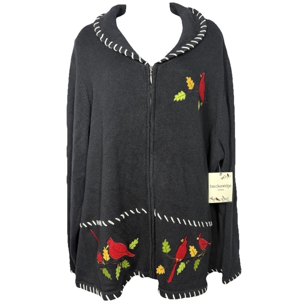 Vintage Breckenridge Embroidered Cardinal Bird Full Zip Sweater Cardigan Size XL
